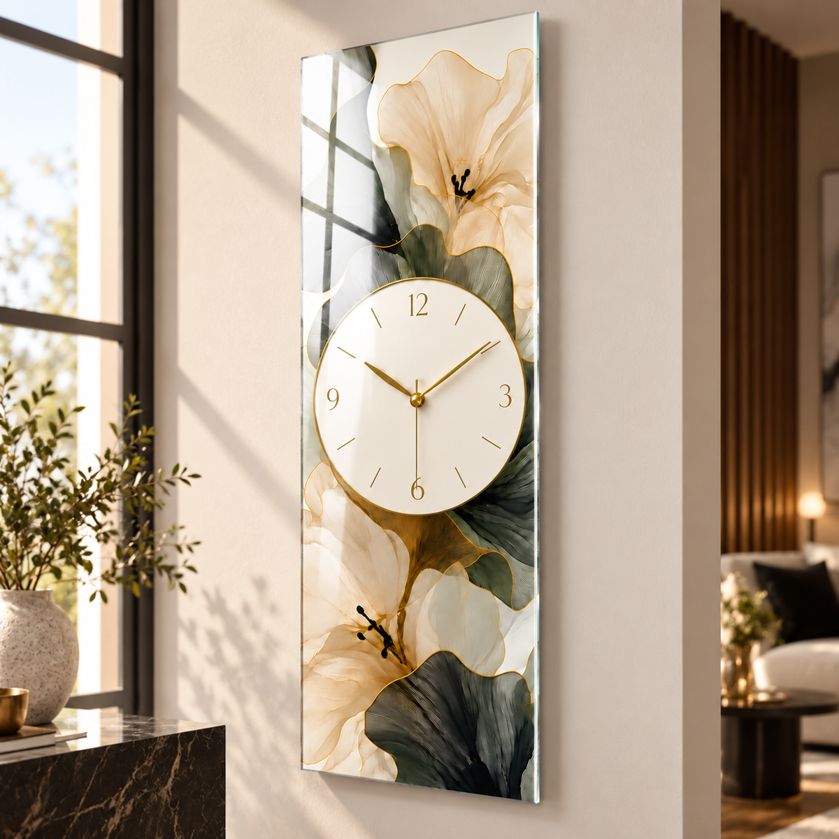 Krem ve Haki Çiçekler — 05 numaralı parlak cam yüzey görseli
