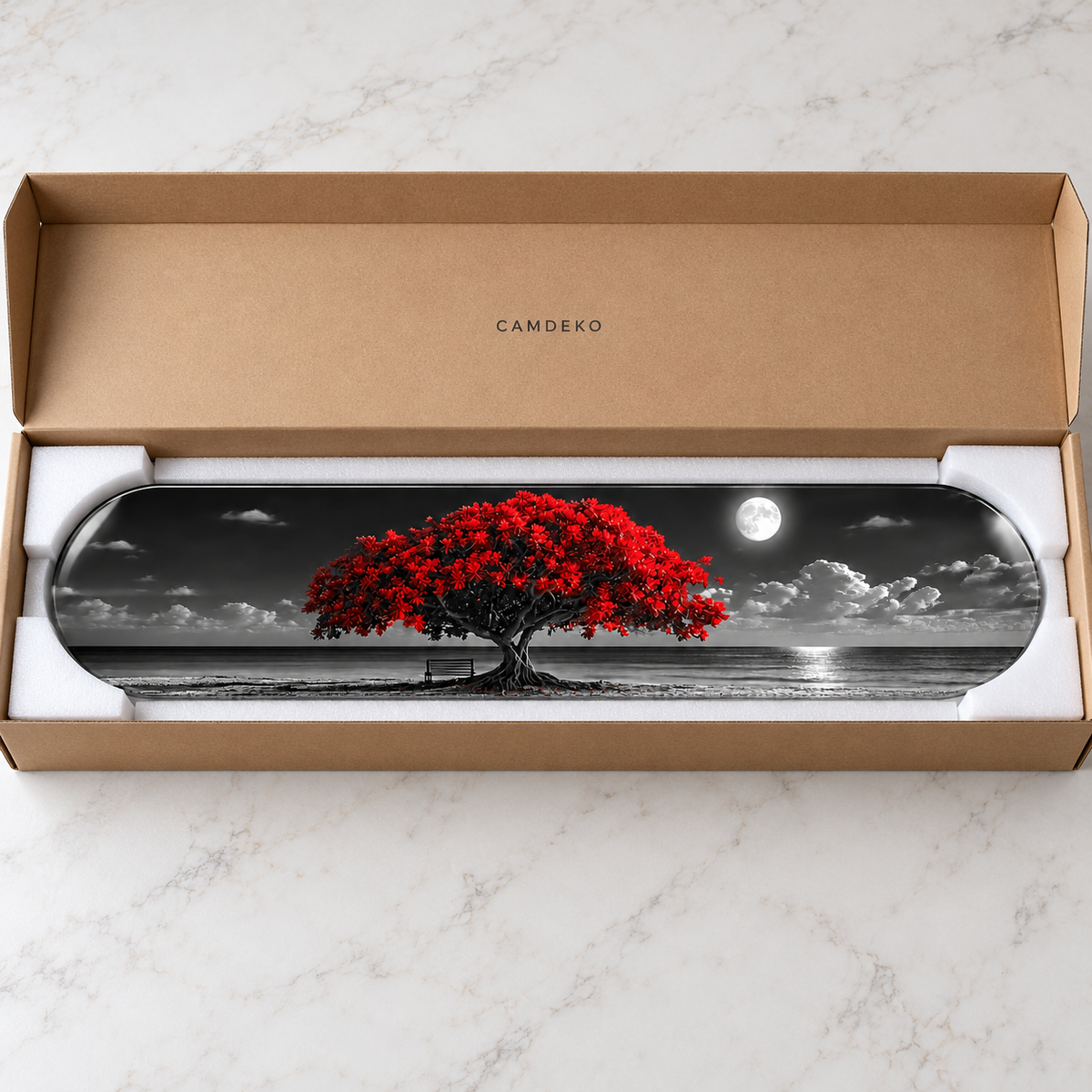 Kırmızı Ağaç ve Ay Işığı yatay cam tablo — CAMDEKO koruyucu paketleme