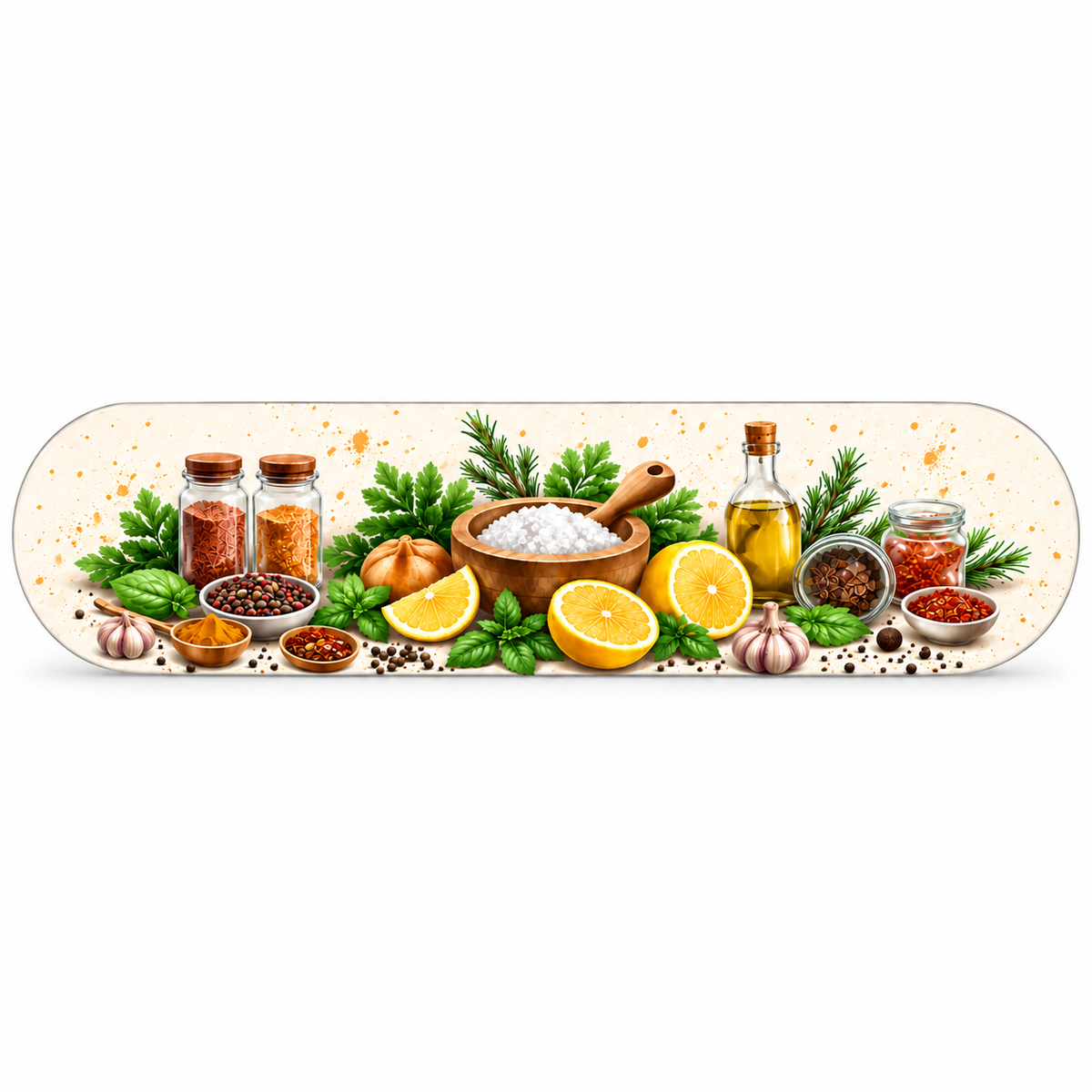 Limon ve baharat desenli yatay cam tablo beyaz vitrin