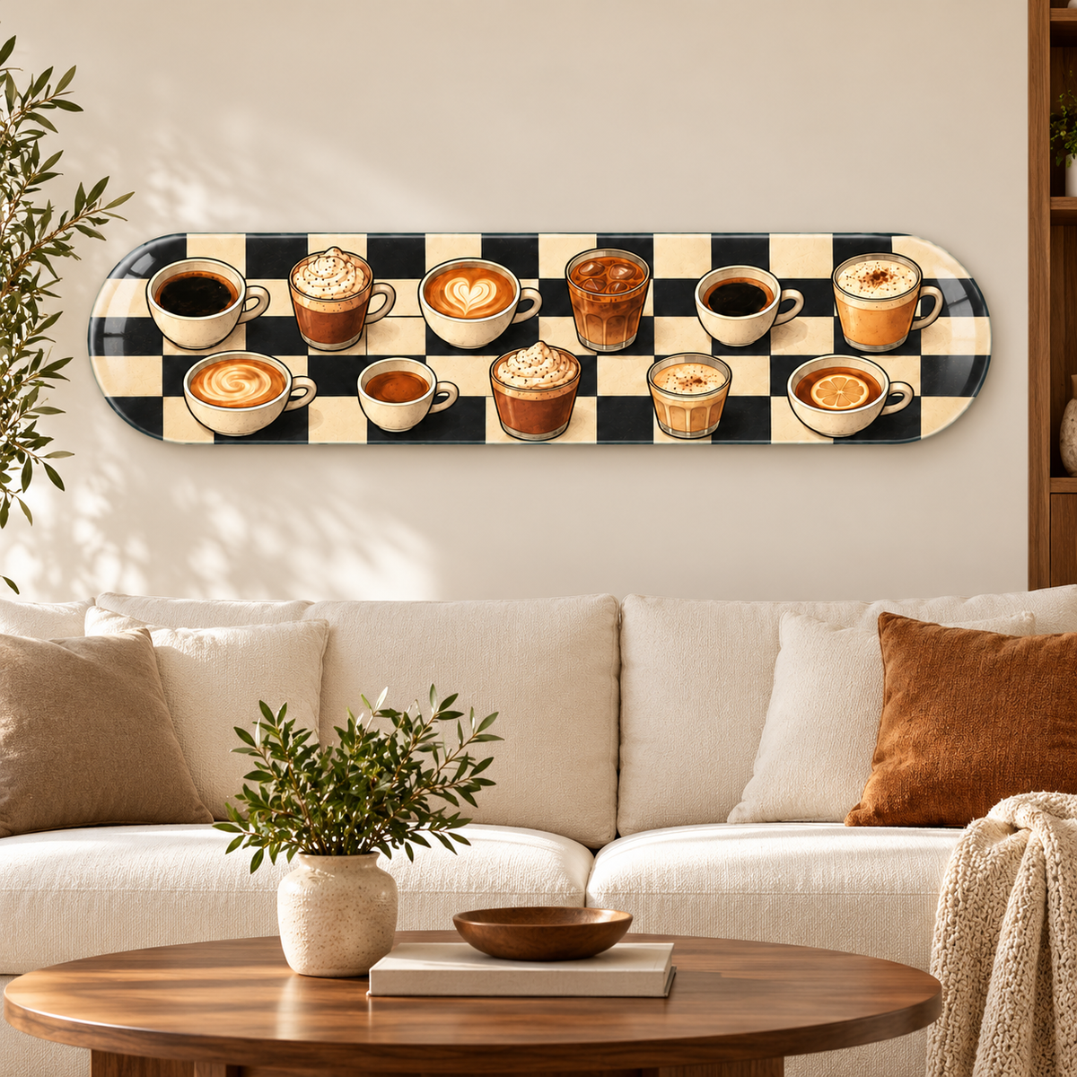 Damalı Zeminde Retro Kahve Çeşitleri — premium salon dekorasyonu