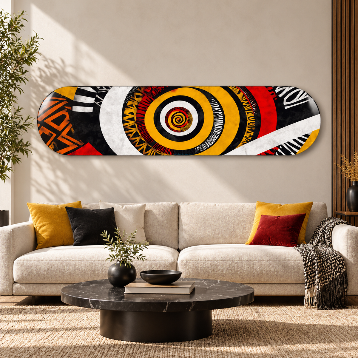 Sarı Spiral ve Etnik Desenler yatay cam tablo — premium salon görünümü