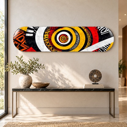 Sarı Spiral ve Etnik Desenler yatay cam tablo — antre görünümü