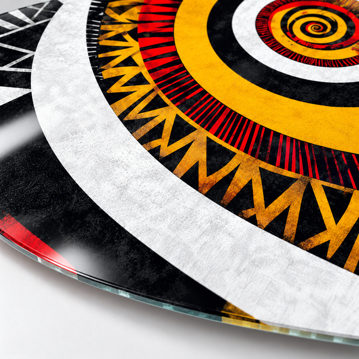 Sarı Spiral ve Etnik Desenler yatay cam tablo — düz UV baskı yakın planı