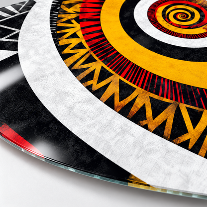 Sarı Spiral ve Etnik Desenler yatay cam tablo — düz UV baskı yakın planı