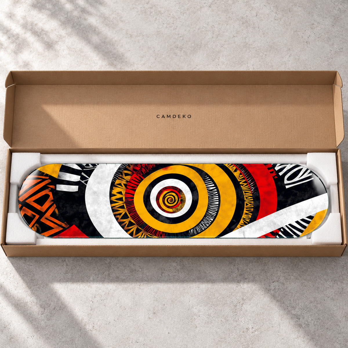 Sarı Spiral ve Etnik Desenler yatay cam tablo — CAMDEKO koruyucu paketleme