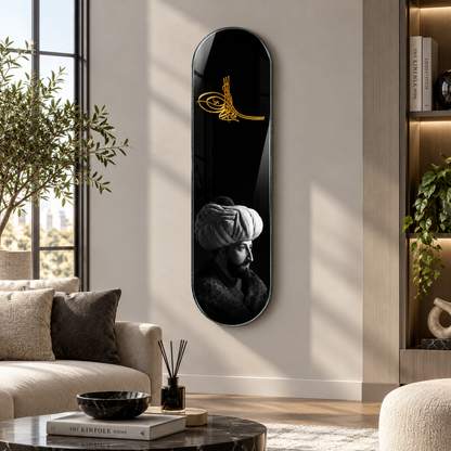 Osmanlı Tuğrası ve Siyah Beyaz Portre Dikey Skate Board Cam Tablo - Premium salon