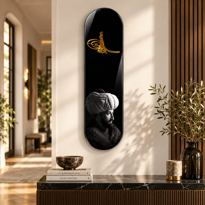 Osmanlı Tuğrası ve Siyah Beyaz Portre Dikey Skate Board Cam Tablo - Premium antre