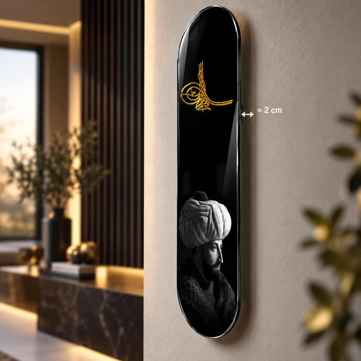 Osmanlı Tuğrası ve Siyah Beyaz Portre Dikey Skate Board Cam Tablo - 2 cm duvar mesafesi