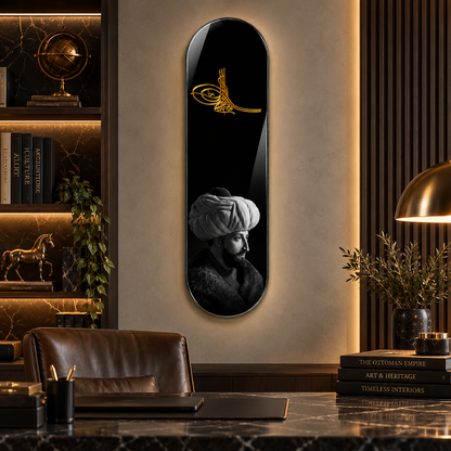 Osmanlı Tuğrası ve Siyah Beyaz Portre Dikey Skate Board Cam Tablo - Premium çalışma odası