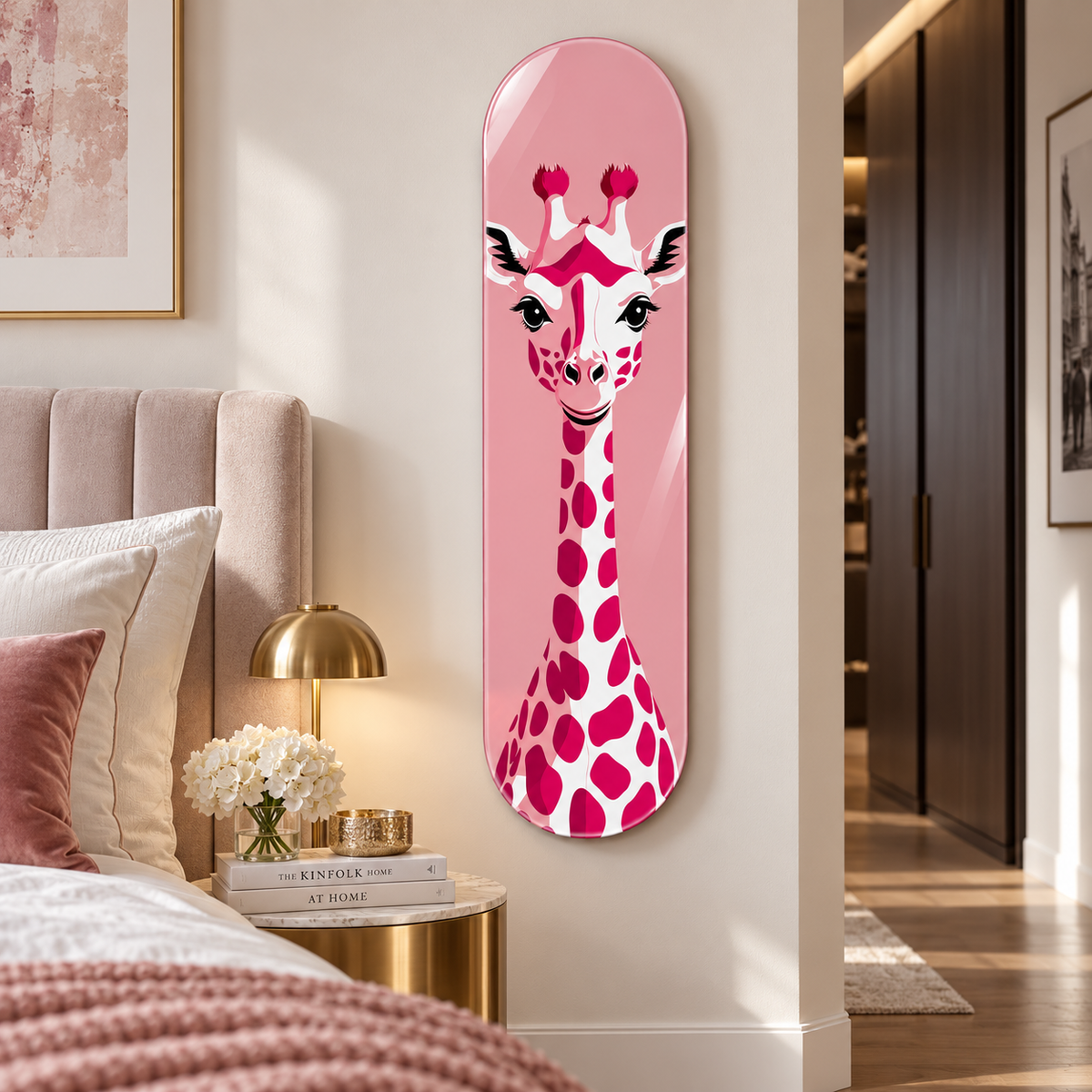 Pembe Zürafa Dikey Skate Board Cam Tablo - Premium yatak odası