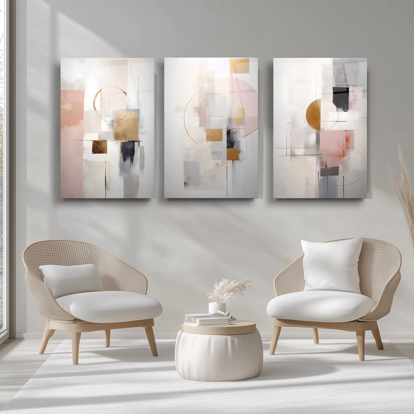 Soyut Pembe Gold Üçlü Set Cam Tablo