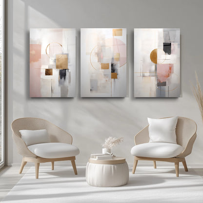 Soyut Pembe Gold Üçlü Set Cam Tablo