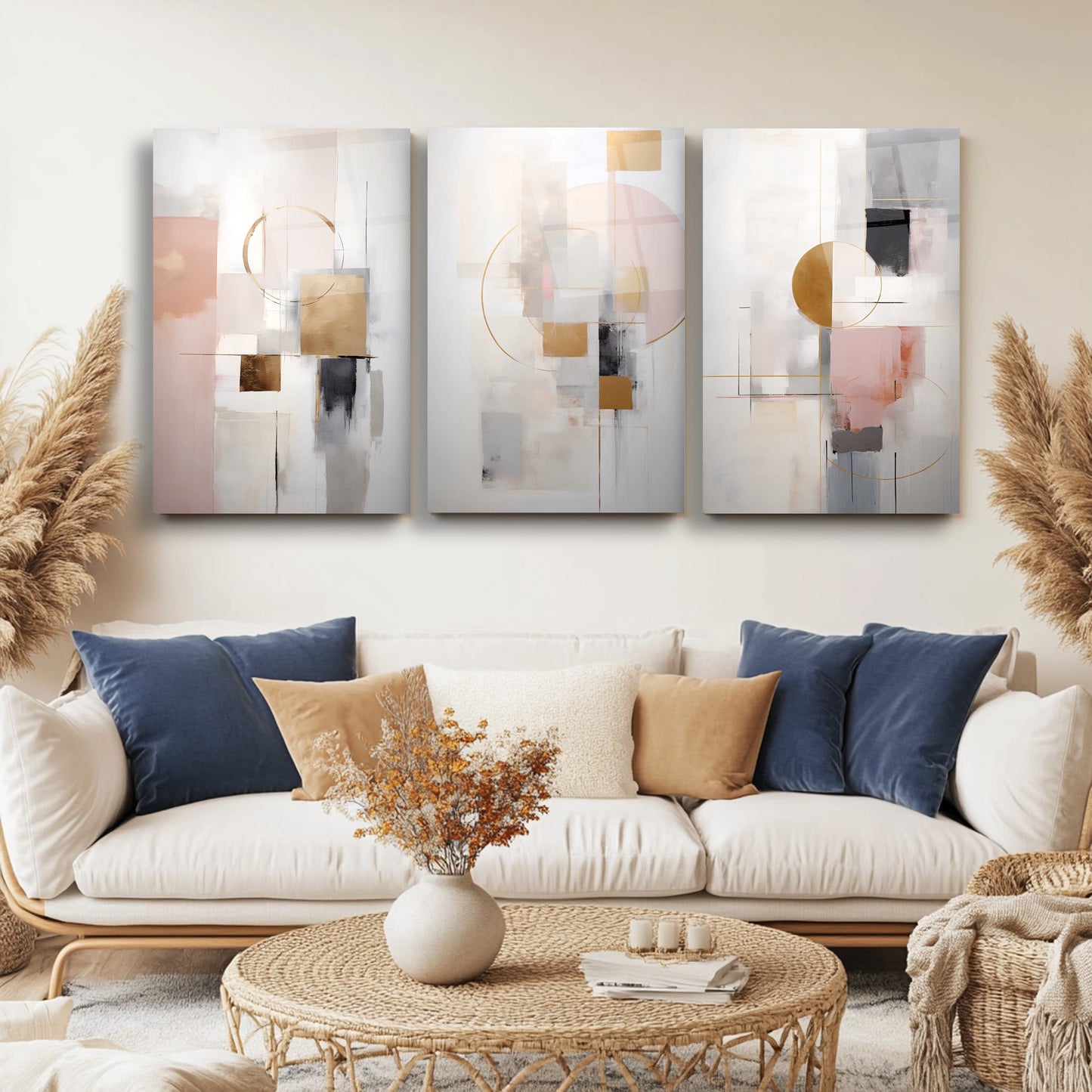 Soyut Pembe Gold Üçlü Set Cam Tablo