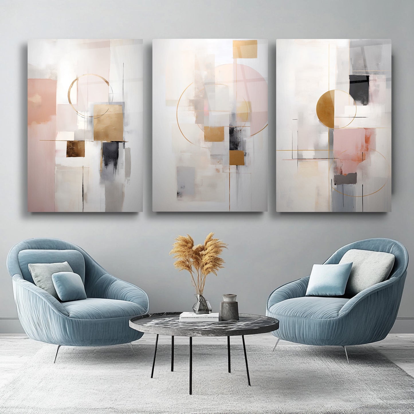 Soyut Pembe Gold Üçlü Set Cam Tablo