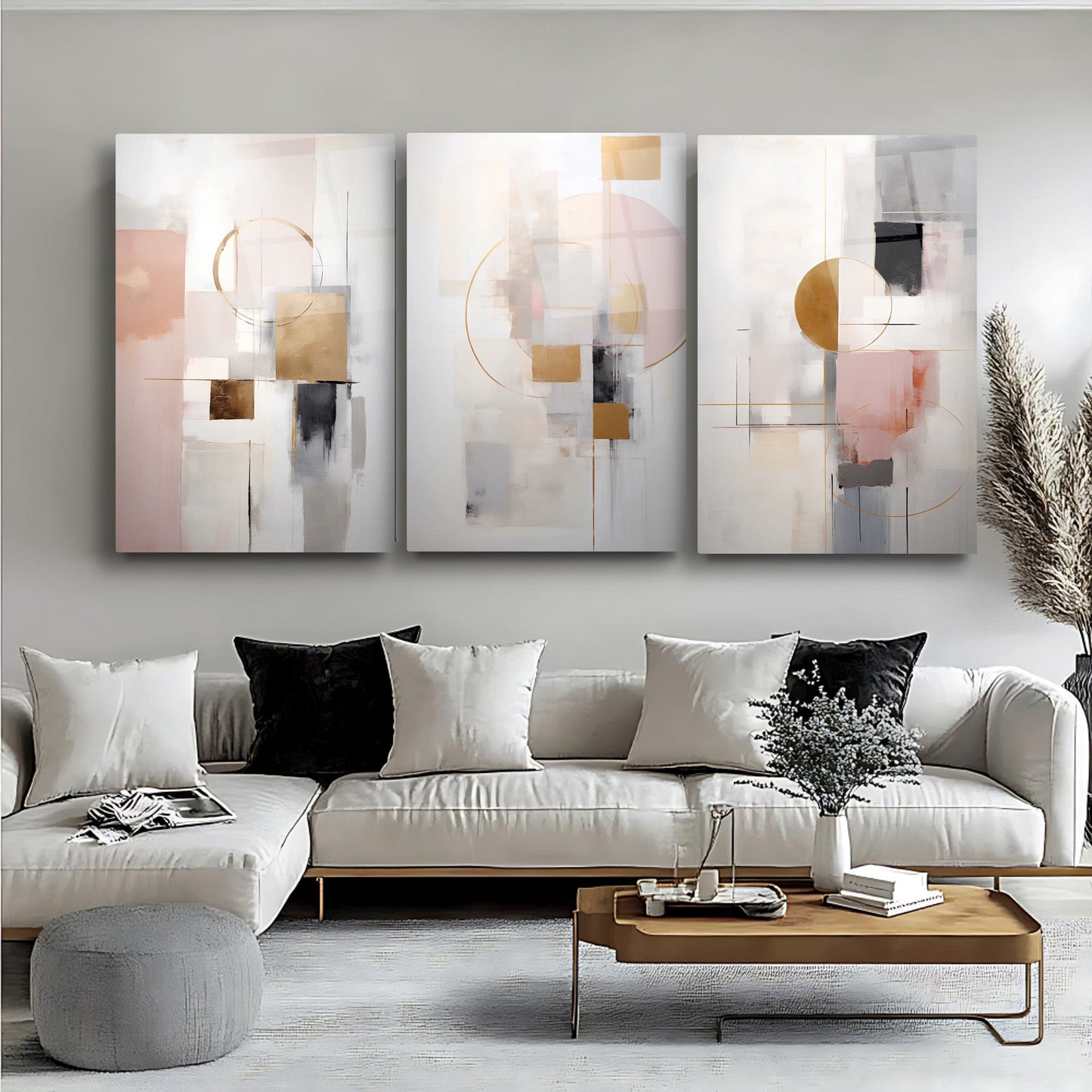Soyut Pembe Gold Üçlü Set Cam Tablo