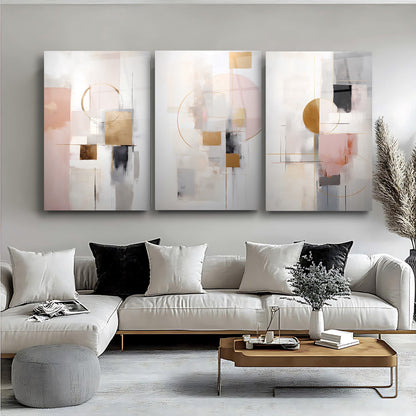 Soyut Pembe Gold Üçlü Set Cam Tablo