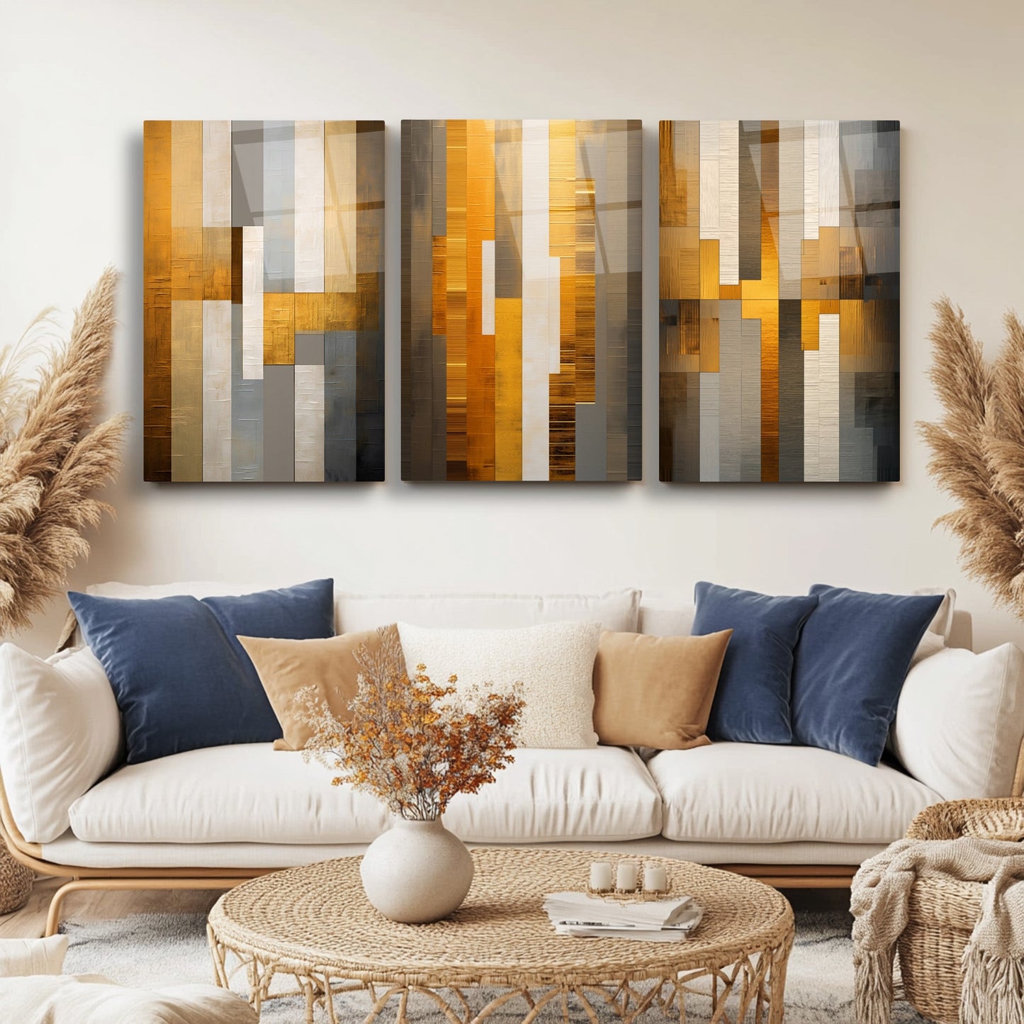 Soyut Turuncu Üçlü Set Cam Tablo