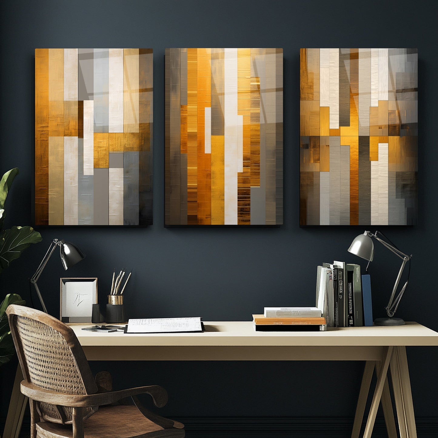 Soyut Turuncu Üçlü Set Cam Tablo