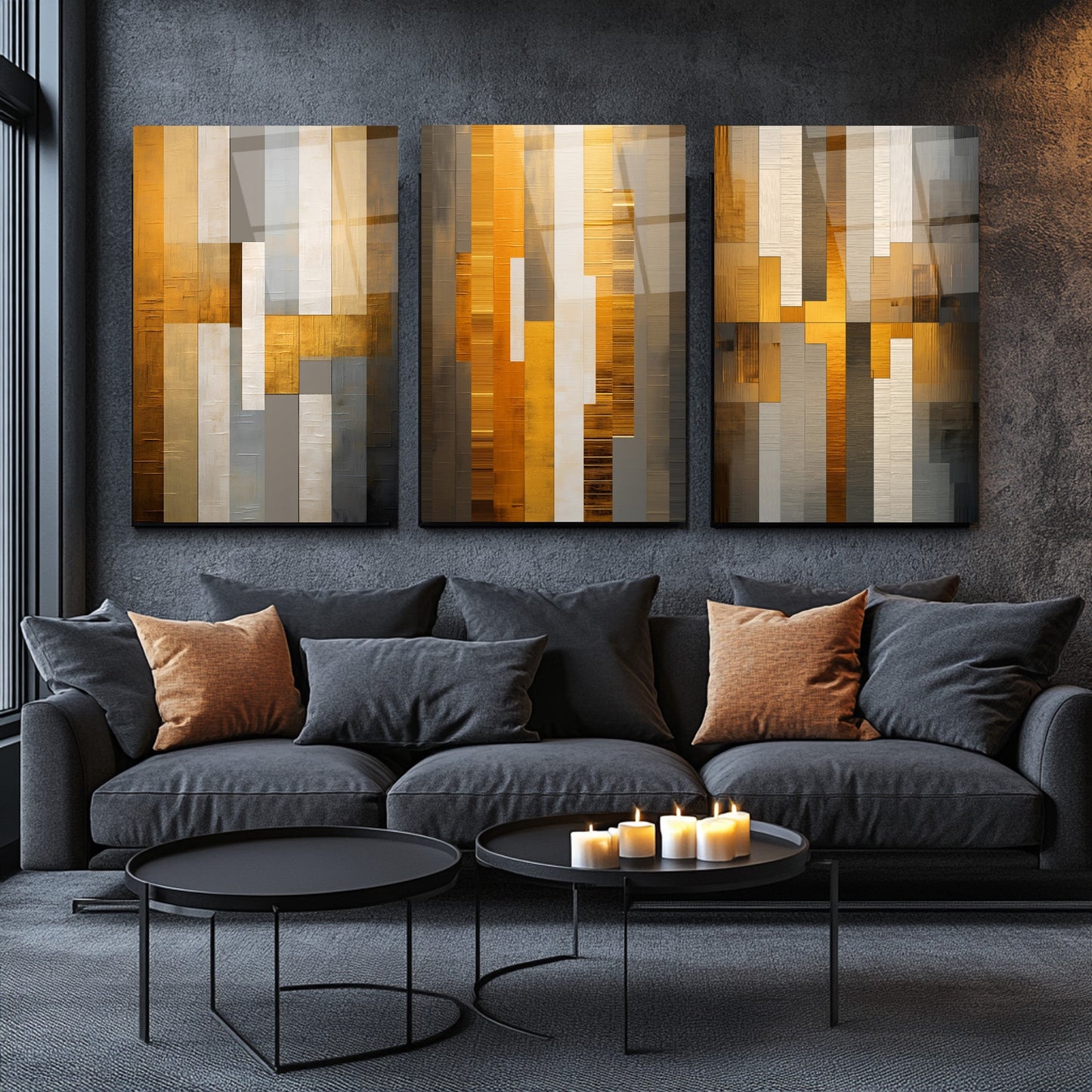 Soyut Turuncu Üçlü Set Cam Tablo