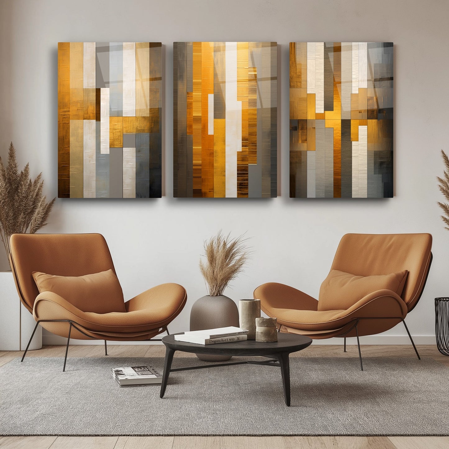 Soyut Turuncu Üçlü Set Cam Tablo