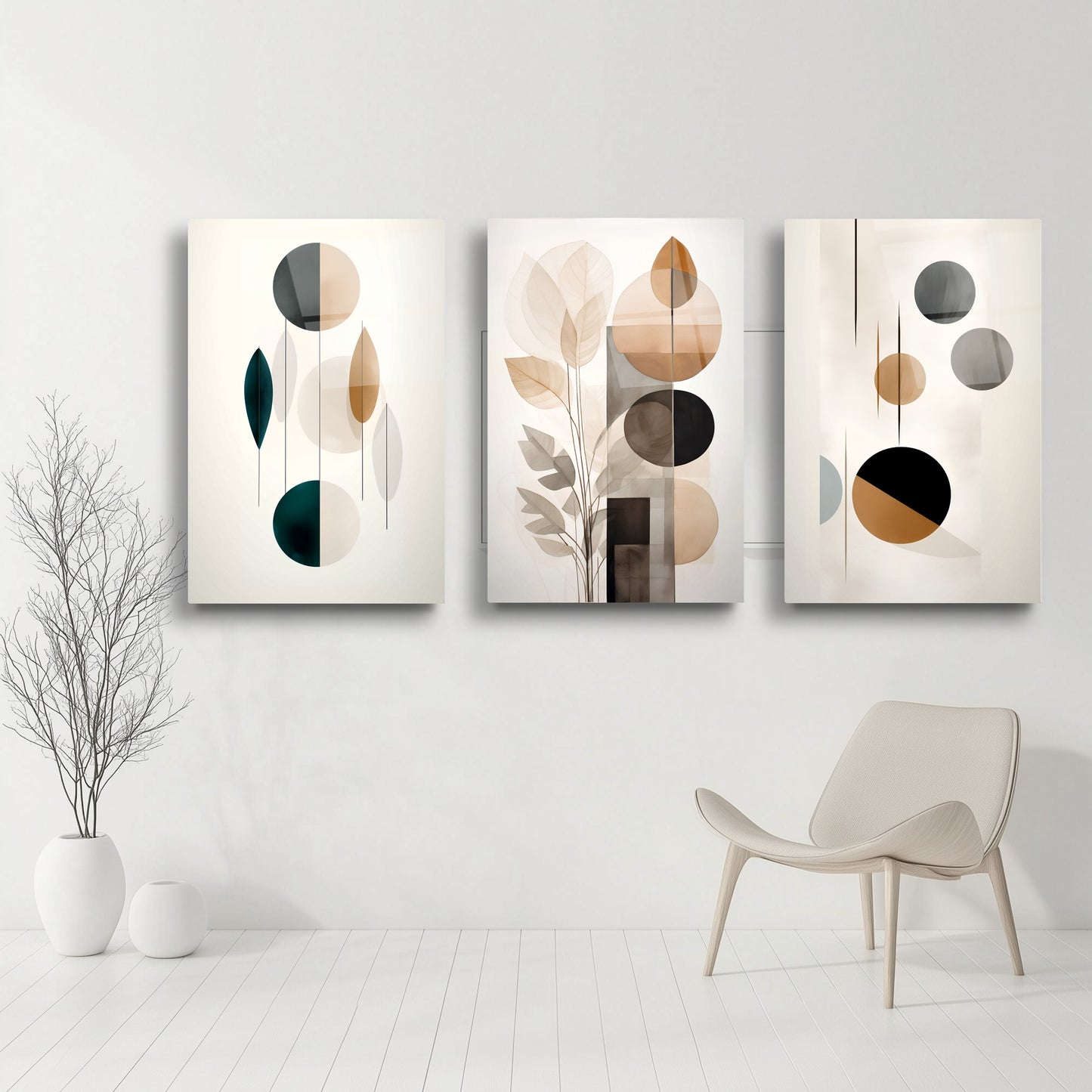 Minimal Desenler Üçlü Set Cam Tablo