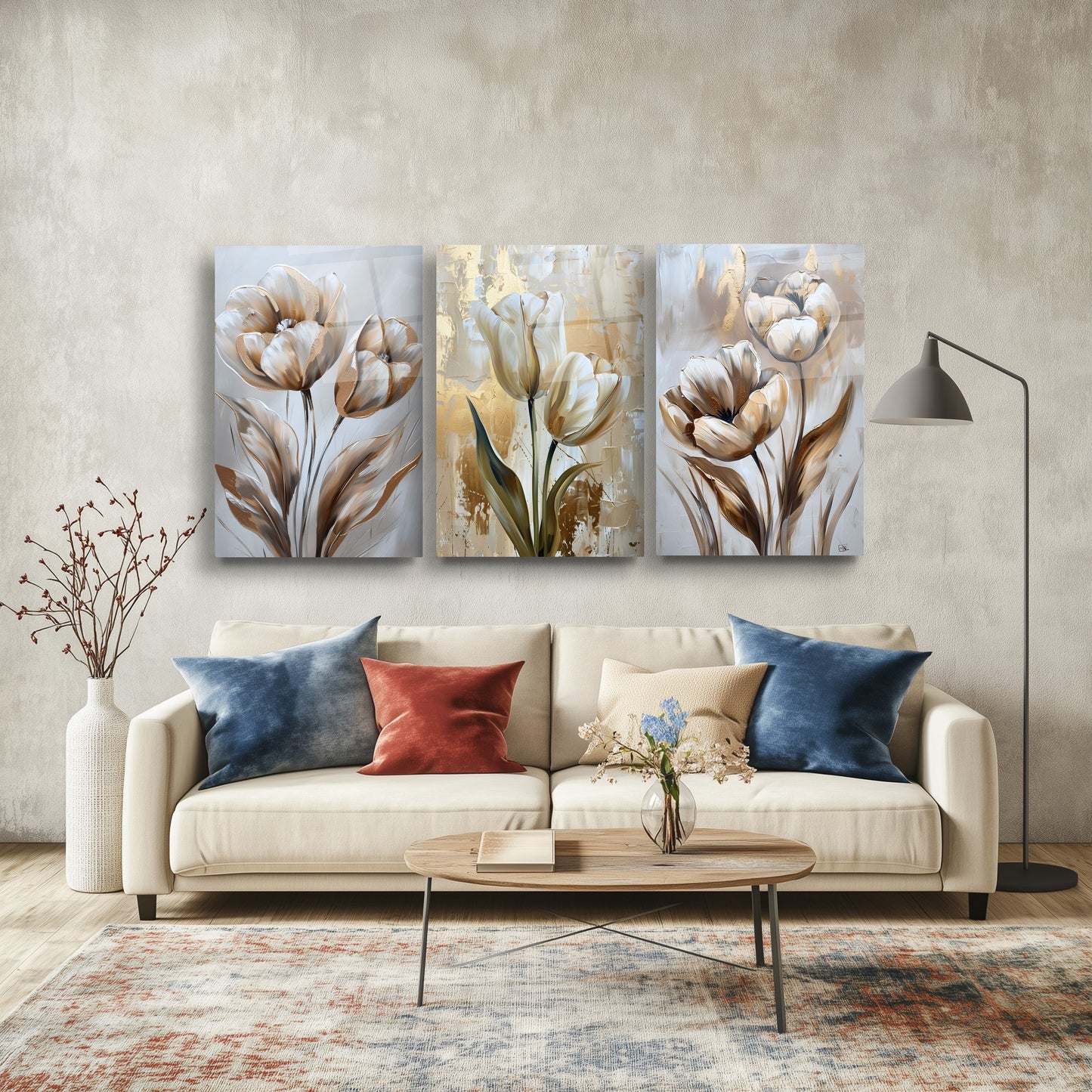 Gold Laleler Üçlü Set Cam Tablo