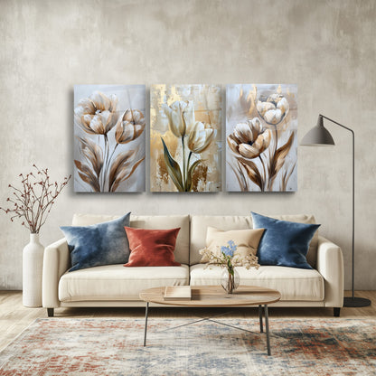 Gold Laleler Üçlü Set Cam Tablo