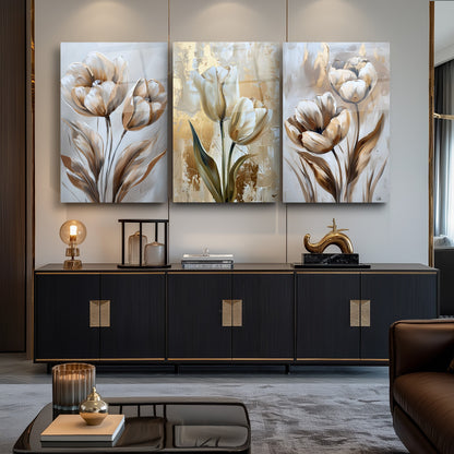 Gold Laleler Üçlü Set Cam Tablo