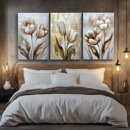 Gold Laleler Üçlü Set Cam Tablo