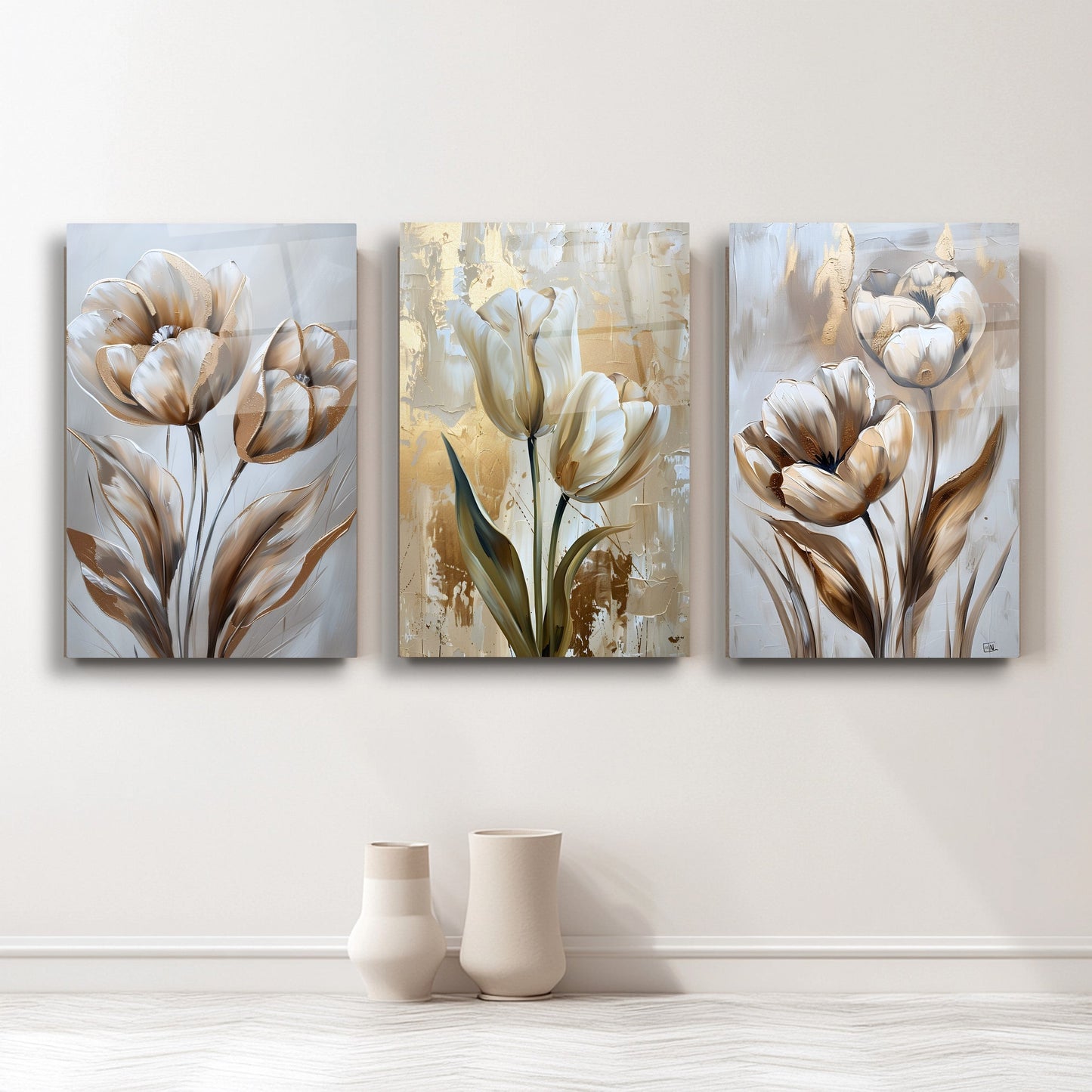 Gold Laleler Üçlü Set Cam Tablo