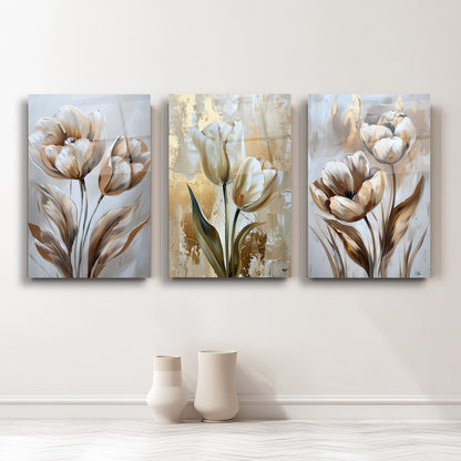 Gold Laleler Üçlü Set Cam Tablo