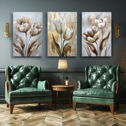 Gold Laleler Üçlü Set Cam Tablo