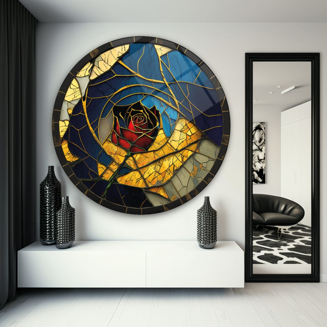 Gül Vitray Yuvarlak Cam Tablo