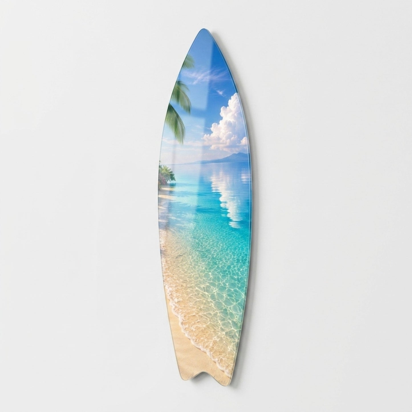 Tropik Sahil Palmiye Ağaçları Turkuaz Deniz Manzarası Surf Board Cam Tablo
