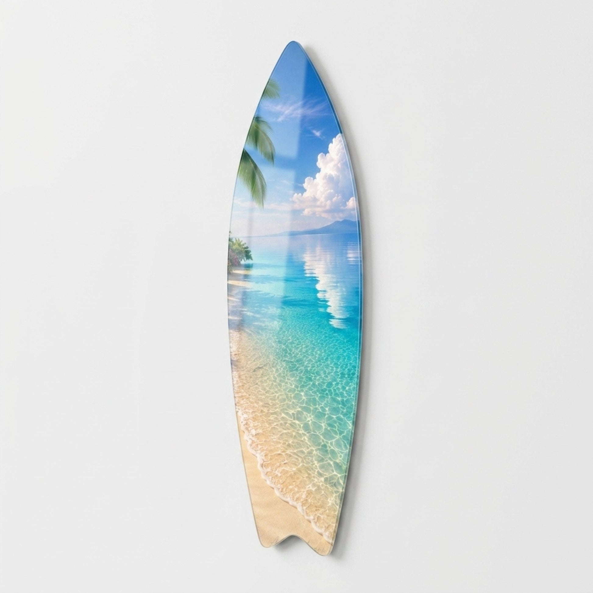 Tropik Sahil Palmiye Ağaçları Turkuaz Deniz Manzarası Surf Board Cam Tablo