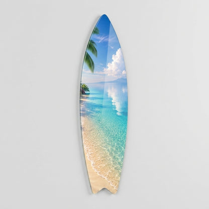 Tropik Sahil Palmiye Ağaçları Turkuaz Deniz Manzarası Surf Board Cam Tablo