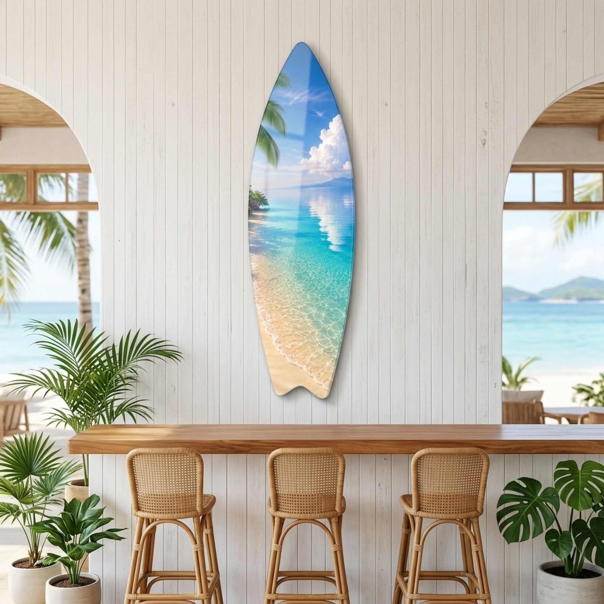 Tropik Sahil Palmiye Ağaçları Turkuaz Deniz Manzarası Surf Board Cam Tablo