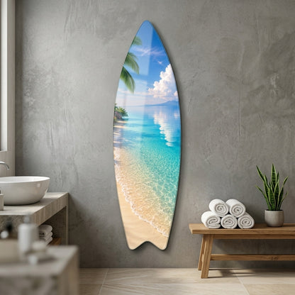 Tropik Sahil Palmiye Ağaçları Turkuaz Deniz Manzarası Surf Board Cam Tablo