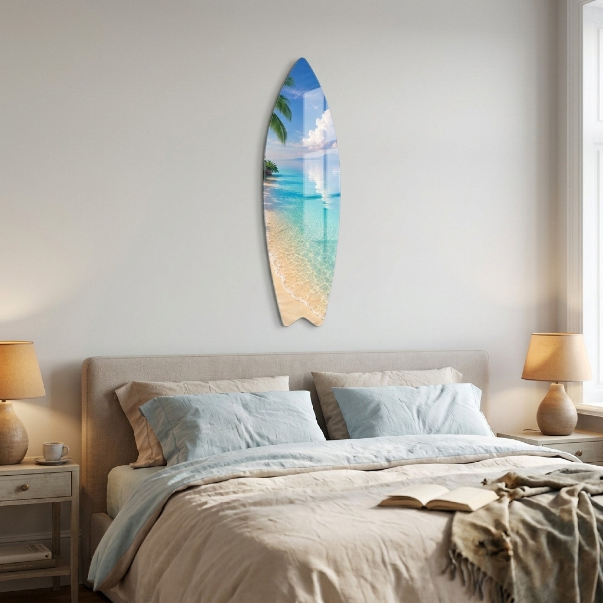 Tropik Sahil Palmiye Ağaçları Turkuaz Deniz Manzarası Surf Board Cam Tablo