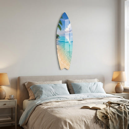 Tropik Sahil Palmiye Ağaçları Turkuaz Deniz Manzarası Surf Board Cam Tablo