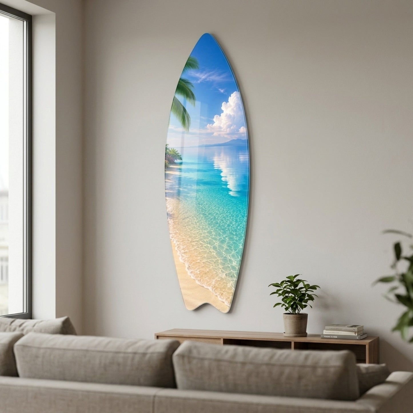 Tropik Sahil Palmiye Ağaçları Turkuaz Deniz Manzarası Surf Board Cam Tablo