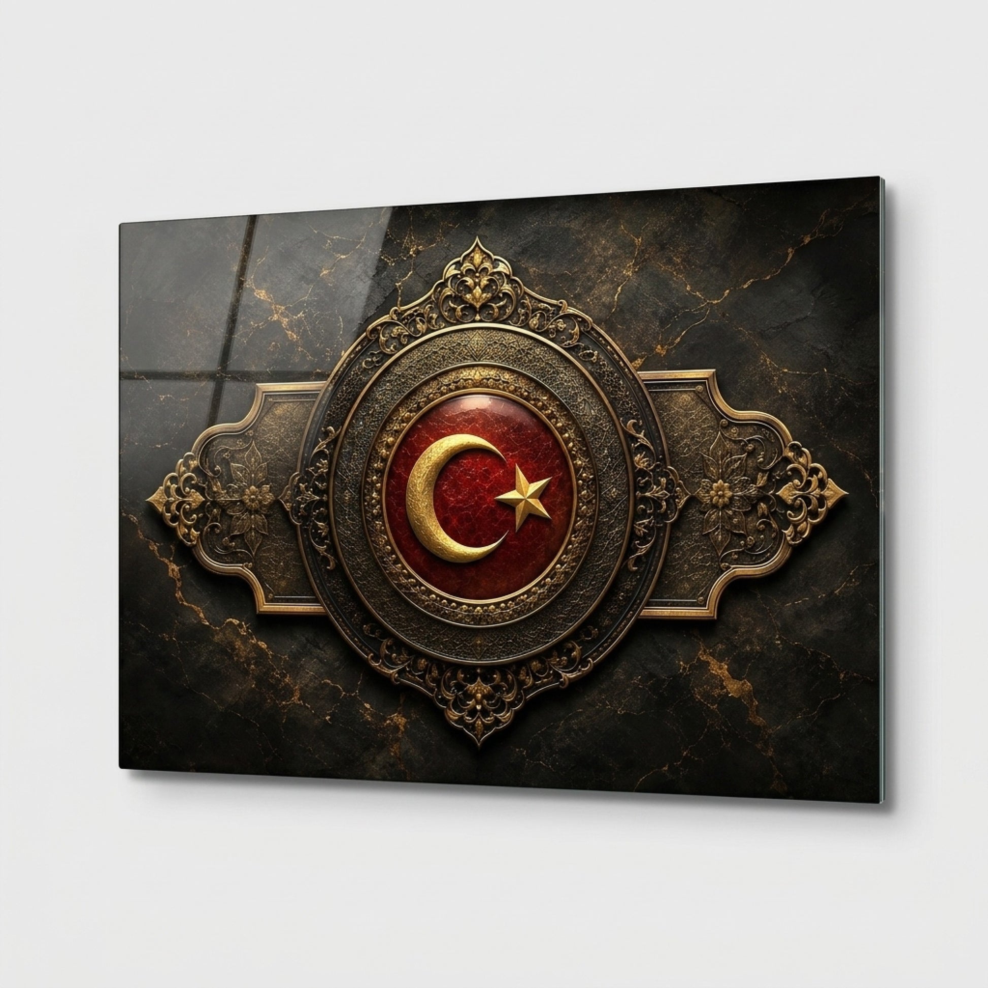 Osmanlı Tarzı Altın İşlemeli Ay Yıldız Arma Yatay Cam Tablo