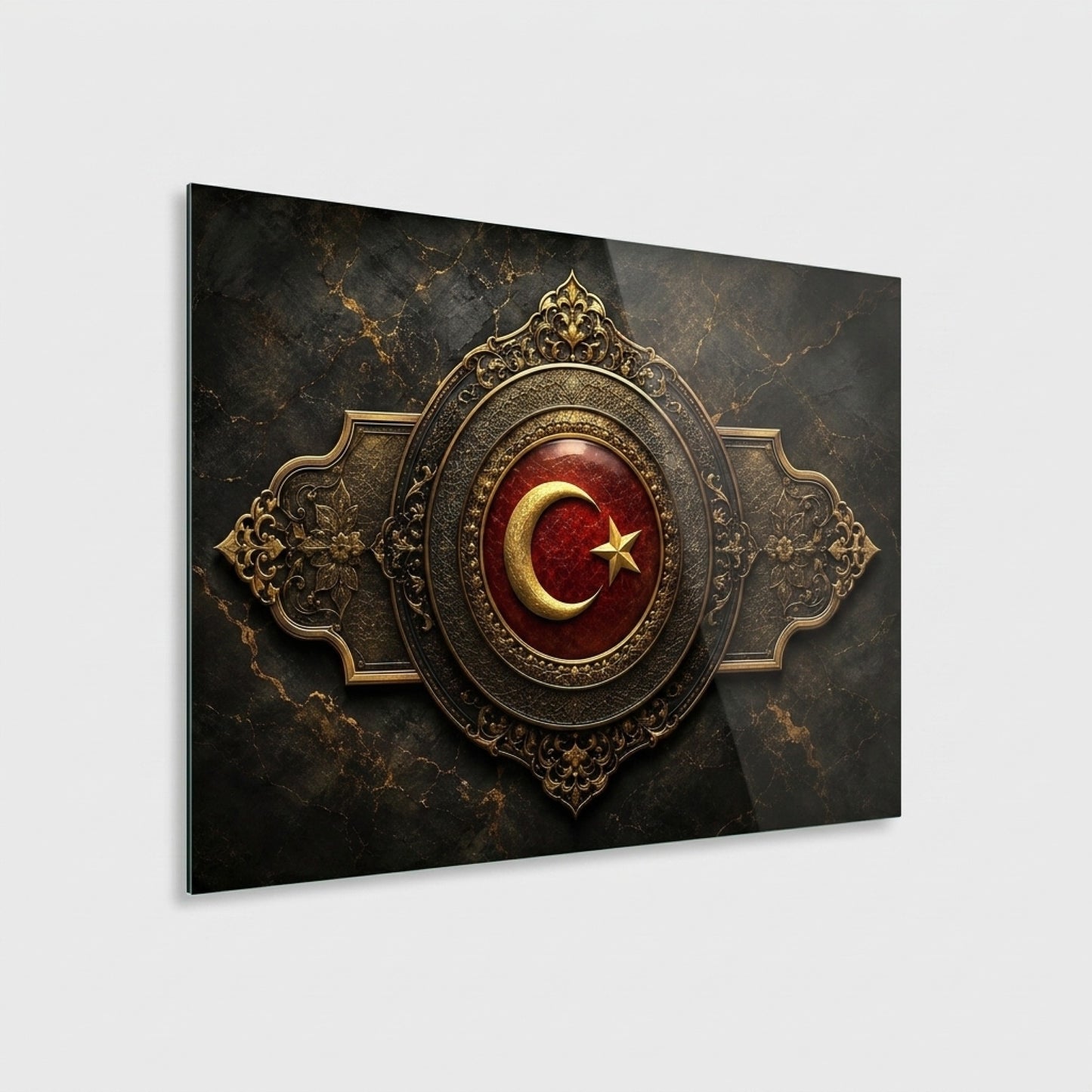 Osmanlı Tarzı Altın İşlemeli Ay Yıldız Arma Yatay Cam Tablo
