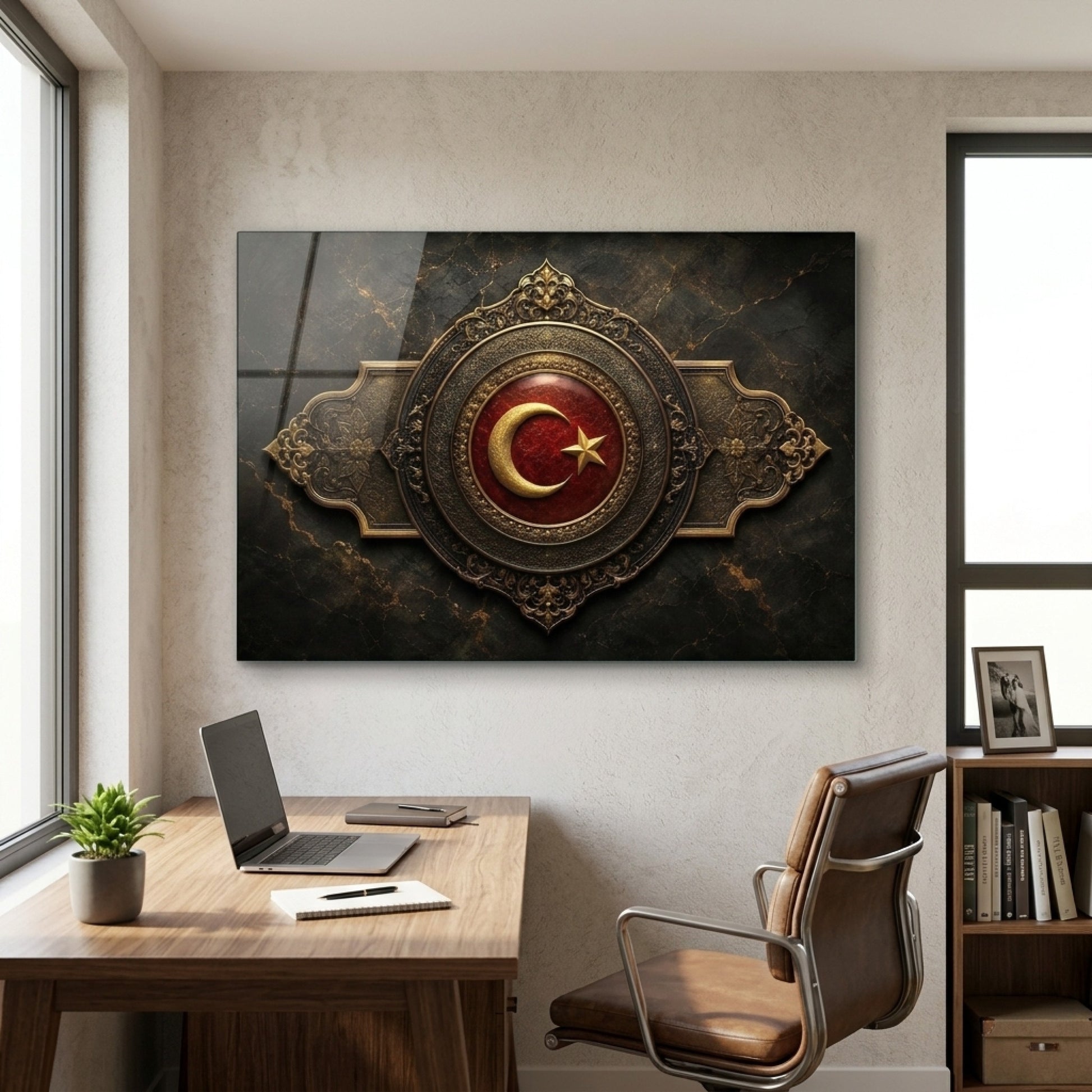 Osmanlı Tarzı Altın İşlemeli Ay Yıldız Arma Yatay Cam Tablo