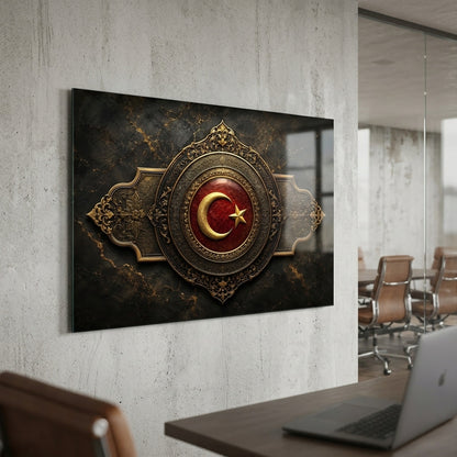 Osmanlı Tarzı Altın İşlemeli Ay Yıldız Arma Yatay Cam Tablo