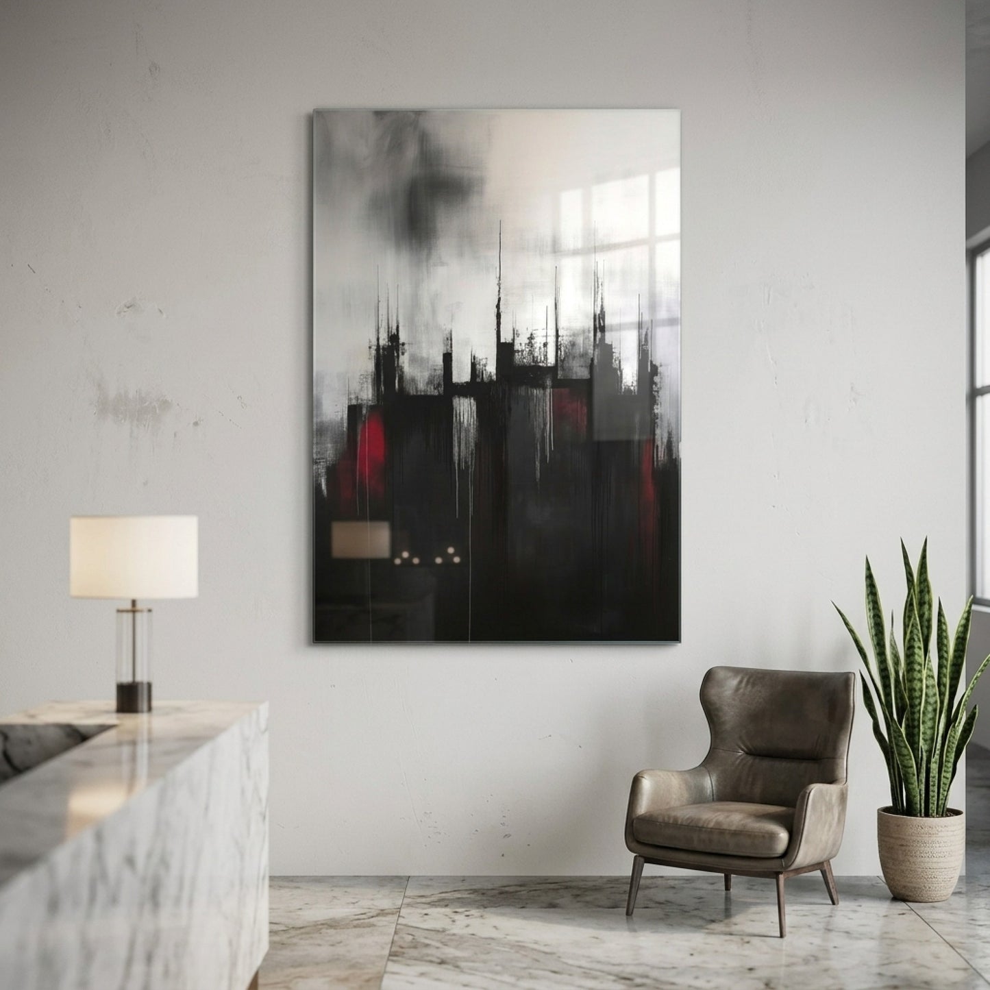 Modern Soyut Şehir Ve Kırmızı Damla Dikey Cam Tablo