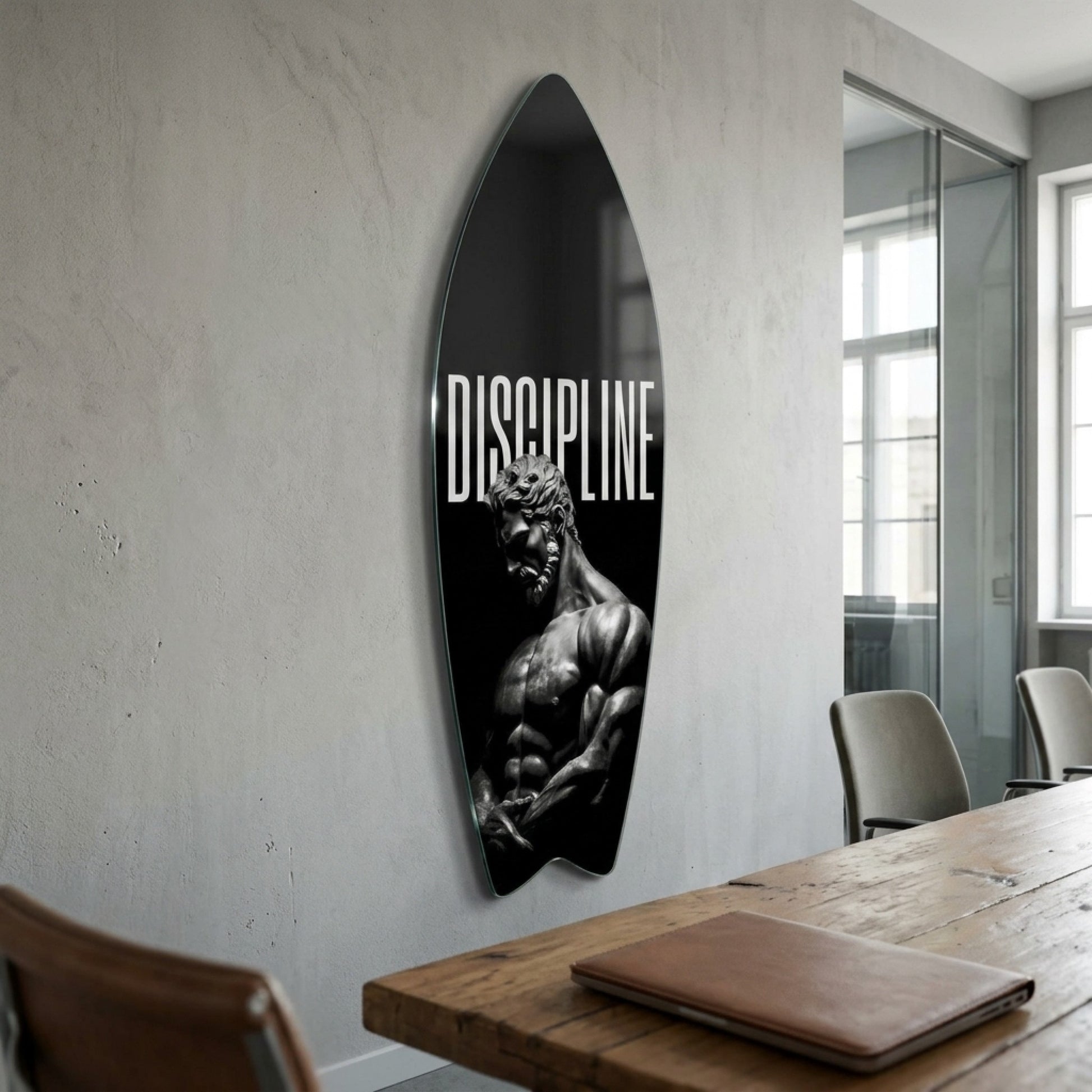 Discipline Disiplin Yazılı Heykel Tablosu Surf Board Cam Tablo