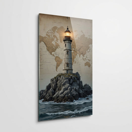 Eski Harita Temalı Deniz Feneri Sanat Dikey Cam Tablo