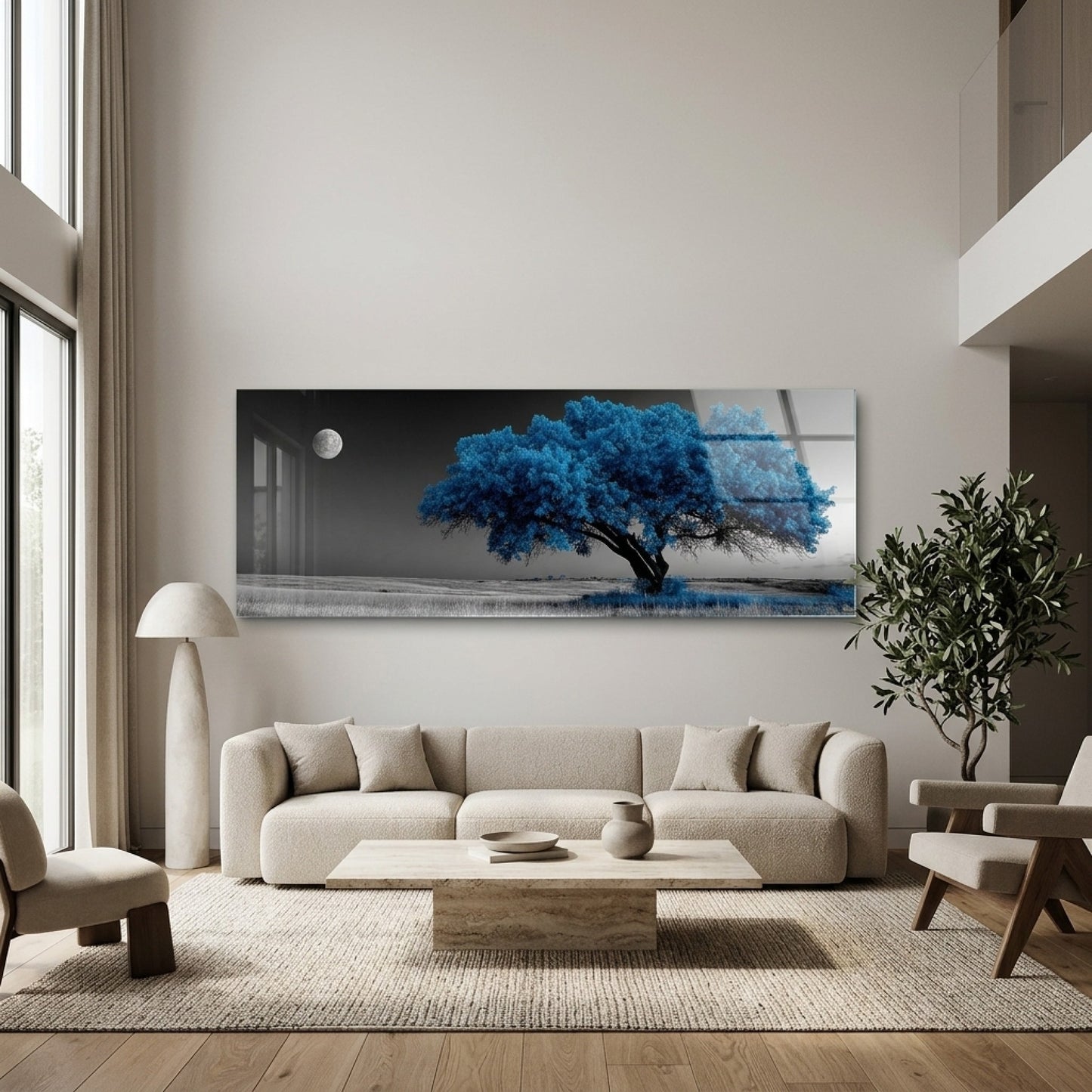 Gece Mavisi Sanatsal Ağaç Manzarası Panoramik Yatay Cam Tablo