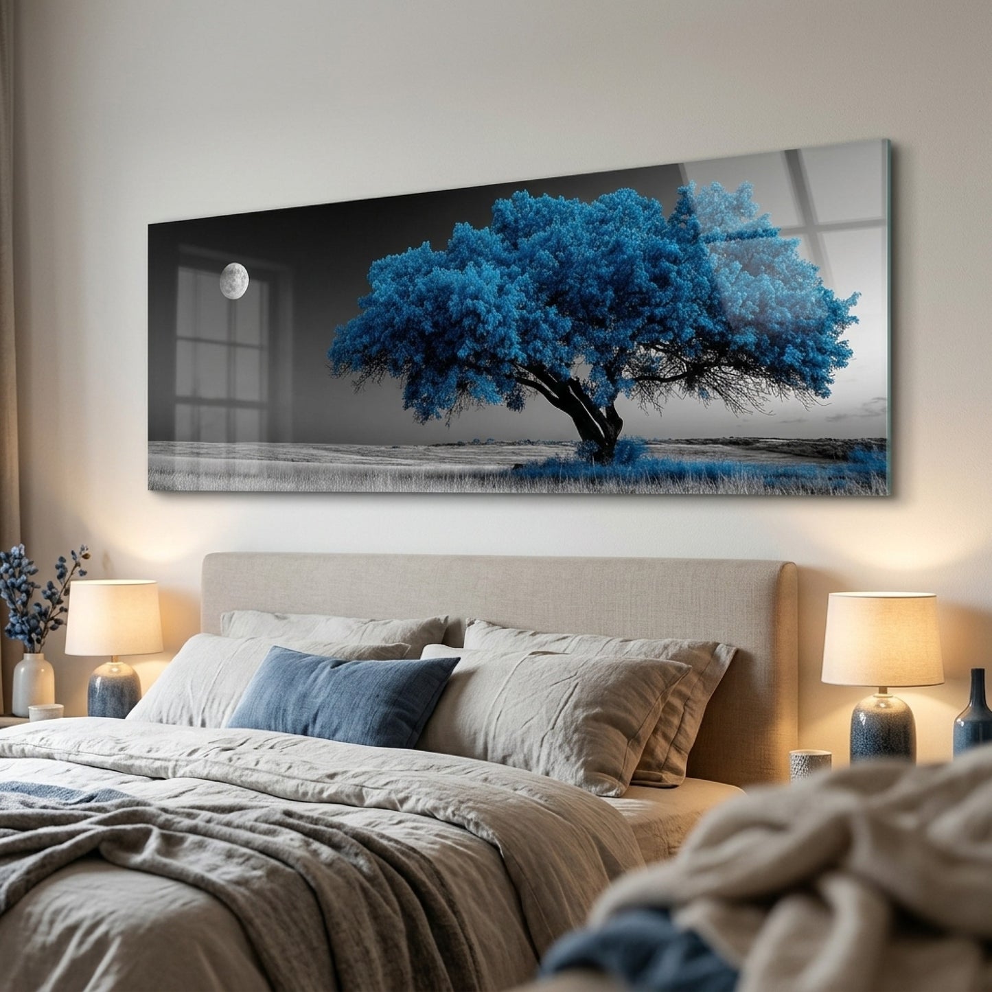 Gece Mavisi Sanatsal Ağaç Manzarası Panoramik Yatay Cam Tablo